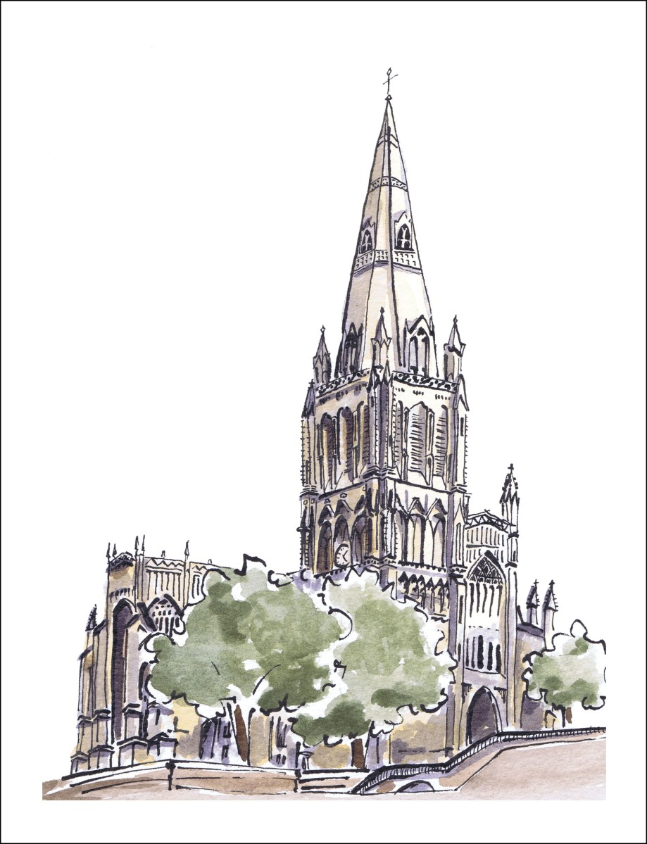 Watercolour painting of Saint Mary Redcliffe in Bristol, UK by Laura Elliott at Drawesome Illustration, Bristol. Illustration, Design, Whimsy