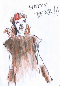 pen ink and pencil drawing of girl in bear costume