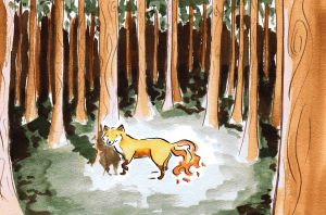watercolour painting of a fox with a fire tail in a forest by Laura Elliott