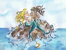 watercolour painting of pirate mermaids on a rock by Laura Elliott at Drawesome Illustration, Bristol. Illustration, Design, Whimsy