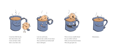 Digital illustration of a biscuit drowning in a mug of tea, with accomanying poem by Laura Elliott at Drawesome Illustration, Bristol. Illustration, Design, Whimsy