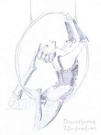 Pencil sketch of a circus performer on the aerial hoop, dressed in burlesque costume.