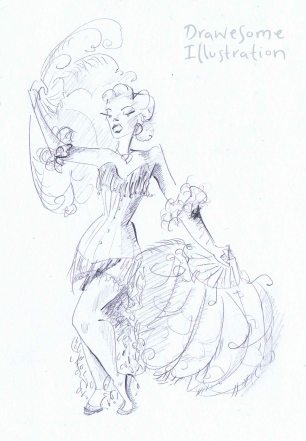 pencil sketch of a burlesque performer with white feather fans and a white costume